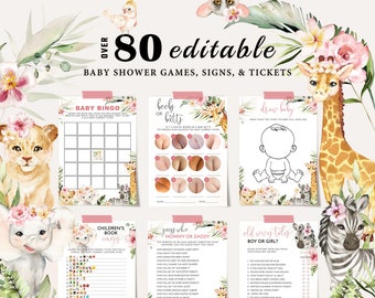 Girl SAFARI Baby Shower Printable Baby Shower Games, JUNGLE Baby Shower Games Bundle, Wild One Baby Shower Signs, Baby Shower Games BS104