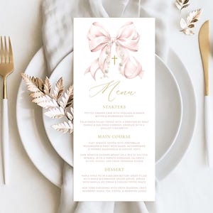 Pink Bow BAPTISM Menu Template, First Communion dinner menu, Bautizo Pink Christening Menu Card, Printable Editable Bow Menu Template BT12