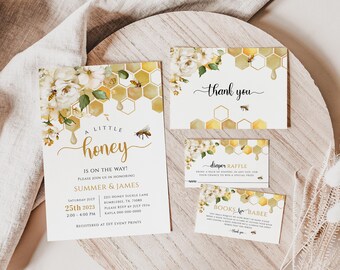 HONEY BEE Baby Shower Bundle, Bumble Bee Invitation Template, Bee Baby Shower Evite, Diaper Raffle Ticket, Thank You Cards,Little Honey BS61