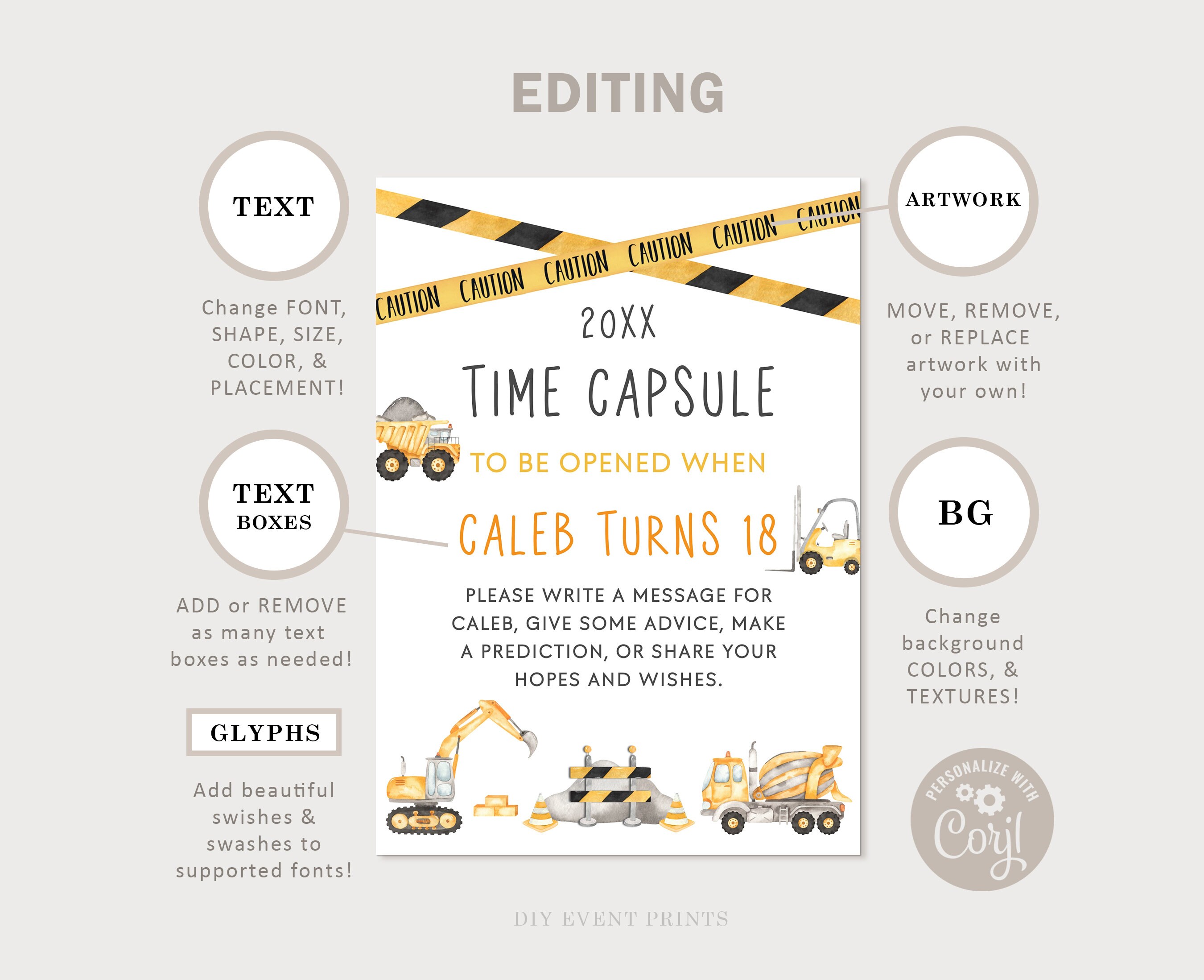 Construction Birthday Party TIME CAPSULE First Birthday Sign & Card ...