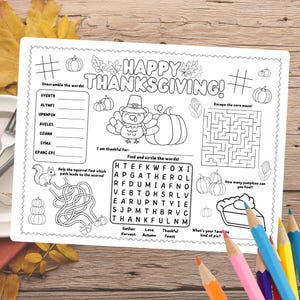Herbst Thanksgiving Aktivität Tischset für Kinder, druckbare Malseite, Handwerk Spiele, Thanksgiving Tischset, Sofort Download PDF Datei