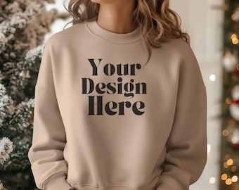 Christmas, Tan Sand Sweatshirt Mockup, Gildan 18000, Holiday Sweater Mockup