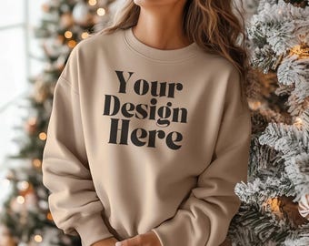Christmas, Tan Sand Sweatshirt Mockup, Gildan 18000, Holiday Sweater Mockup