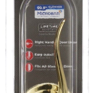 May include: A gold door handle with a curved design. The packaging says "Kwikset" and "Pull Only Right Handed". It also says "99.9% Cleaner Microban Antimicrobial Technology", "Lifetime Warranty", "Right Hand Door Lever", "Easy Install", and "Fits All Standard Doors".