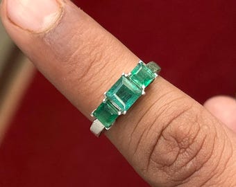 Vintage Emerald Sterling Silver Three Stone Ring, Dainty Statement Ring