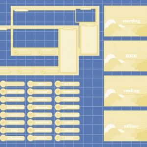May include: A yellow and white digital overlay template for Twitch or YouTube streaming. The template includes a variety of panels for different purposes, such as starting, ending, BRB, offline, and social media links. The template also includes a variety of buttons for different purposes, such as about me, merch, Instagram, Discord, emotes, donate, Patreon, FAQ, schedule, socials, and rules.