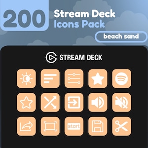 May include: A black Stream Deck with a white play button and the text "STREAM DECK" in white. The deck has 12 orange buttons with white icons, including a sun and moon, a list, a slider, a star, a Spotify logo, another star, a cross, a right arrow, a speaker, a mute button, an upload arrow, a frame, the word "start", a file, and scissors.