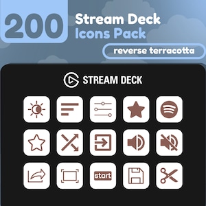 Peut inclure: Une image en noir et blanc d'un Stream Deck avec 12 icônes. Les icônes sont disposées en grille de 3 rangées et 4 colonnes. Les icônes sont toutes blanches avec un contour brun. Les icônes comprennent un soleil et une lune, une liste, un curseur, une étoile, un logo Spotify, une étoile, une croix, une flèche vers la droite, un haut-parleur, un bouton muet, une flèche de partage, un cadre, un bouton de démarrage, une disquette et des ciseaux.