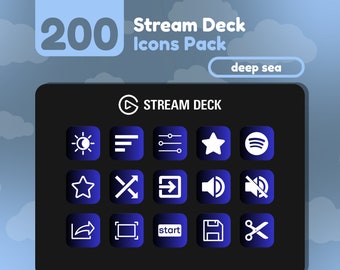 200 Íconos de plataforma de transmisión / Gradiente negro + azul / Colección Deep Sea / Lindo / Elgato / Activos de transmisión / Mínimo / Portal táctil