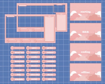 Lindo paquete de superposición de cuadrícula de nube rosa animada simple paquete de superposición de twitch, estética del tema de Windows