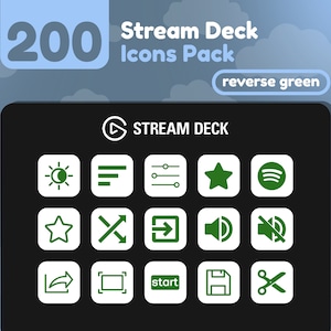 200 Stream Deck Icons | White + Green Solid | Reverse Collection | Cute | Elgato | Streaming Assets | Minimal | Touch Portal