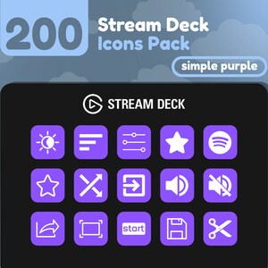 May include: A black screen with a purple button grid showing icons for a Stream Deck. The icons include a sun and moon, a list, a slider, a star, a Spotify logo, a star, a cross, a right arrow, a speaker, a mute button, a share arrow, a frame, the word "start", a floppy disk, and scissors. The text "STREAM DECK" is at the top of the screen. The text "200 Stream Deck Icons Pack simple purple" is at the top of the image.
