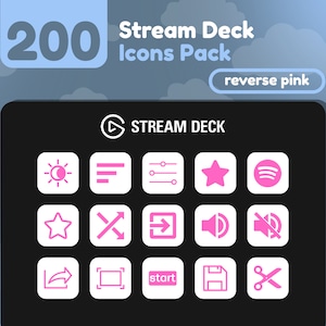 May include: A black screen with a white button that says "STREAM DECK" in pink text. The screen displays 12 white buttons with pink icons, including a sun and moon, a list, a slider, a star, a Spotify logo, a star, a cross, a right arrow, a speaker, a mute button, an upload arrow, a frame, a button that says "start", a floppy disk, and scissors.