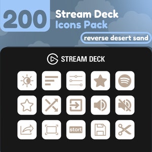 May include: A black screen with a white border displays a set of 12 icons for a streaming deck. The icons are in a 3x4 grid and include icons for a sun, menu, settings, star, Spotify, star, cross, right arrow, volume up, volume mute, share, frame, start, floppy disk, and scissors. The text "STREAM DECK" is displayed in white at the top of the screen.