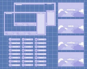 Lindo simple purple cloud grid twitch overlay package streamer package, windows theme aesthetic