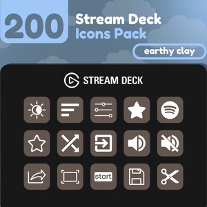 May include: A black screen with a white play button and the text "STREAM DECK" in white. The screen is divided into a grid of 12 white icons on a brown background. The icons include a sun and moon, a list, a slider, a star, a Spotify logo, a star, a cross, a right arrow, a speaker, a mute button, a share arrow, a frame, the word "start", a floppy disk, and scissors.