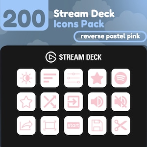 Puede incluir: Un Stream Deck negro con 12 iconos rosas. Los iconos incluyen un sol y una luna, una lista, un control deslizante, una estrella, un logotipo de Spotify, una estrella, una cruz, una flecha hacia la derecha, un altavoz, un botón de silencio, una flecha de compartir, un marco, la palabra "start", un disquete y unas tijeras.