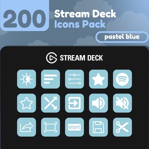 May include: A set of 12 pastel blue Stream Deck icons with white symbols, including a sun and moon, a list, a slider, a star, a Spotify logo, a star, a cross, a right arrow, a speaker, a mute button, a share arrow, a frame, the word "start", a floppy disk, and scissors. The icons are displayed on a black background with the text "STREAM DECK" in white above the icons.