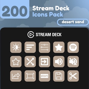 May include: A black Stream Deck with a white play button and the text "STREAM DECK" in white. The deck has 12 buttons with white icons on a brown background. The icons include a sun and moon, a list, sliders, a star, a Spotify logo, a star, a cross, a right arrow, a speaker, a mute button, a share arrow, a frame, the word "start", a floppy disk, and scissors.