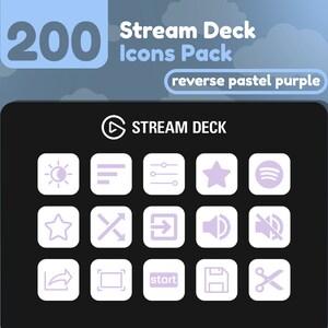 May include: A black Stream Deck with 15 icons in a grid layout. The icons are white with a light purple fill. The icons include a sun and moon, a list, a slider, a star, a Spotify logo, a star, a cross, a right arrow, a speaker, a mute button, a share arrow, a frame, the word "start", a floppy disk, and scissors. The text "STREAM DECK" is at the top of the deck.