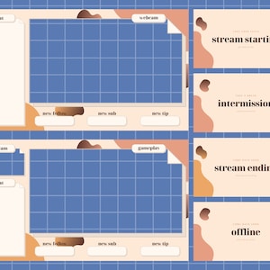 Peut inclure: Un modèle de superposition de flux Twitch personnalisable avec un schéma de couleurs brun clair et pêche. Le modèle comprend des sections pour une webcam, un chat, un jeu, de nouveaux abonnés, de nouveaux abonnés et de nouveaux conseils. La superposition comprend également des écrans pour le début du flux, l'intermission, la fin du flux et hors ligne.