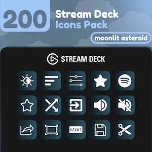 May include: A black Stream Deck with 12 white icons, including a play button, a star, a volume icon, and a microphone icon. The text "STREAM DECK" is displayed in white on the top of the deck.