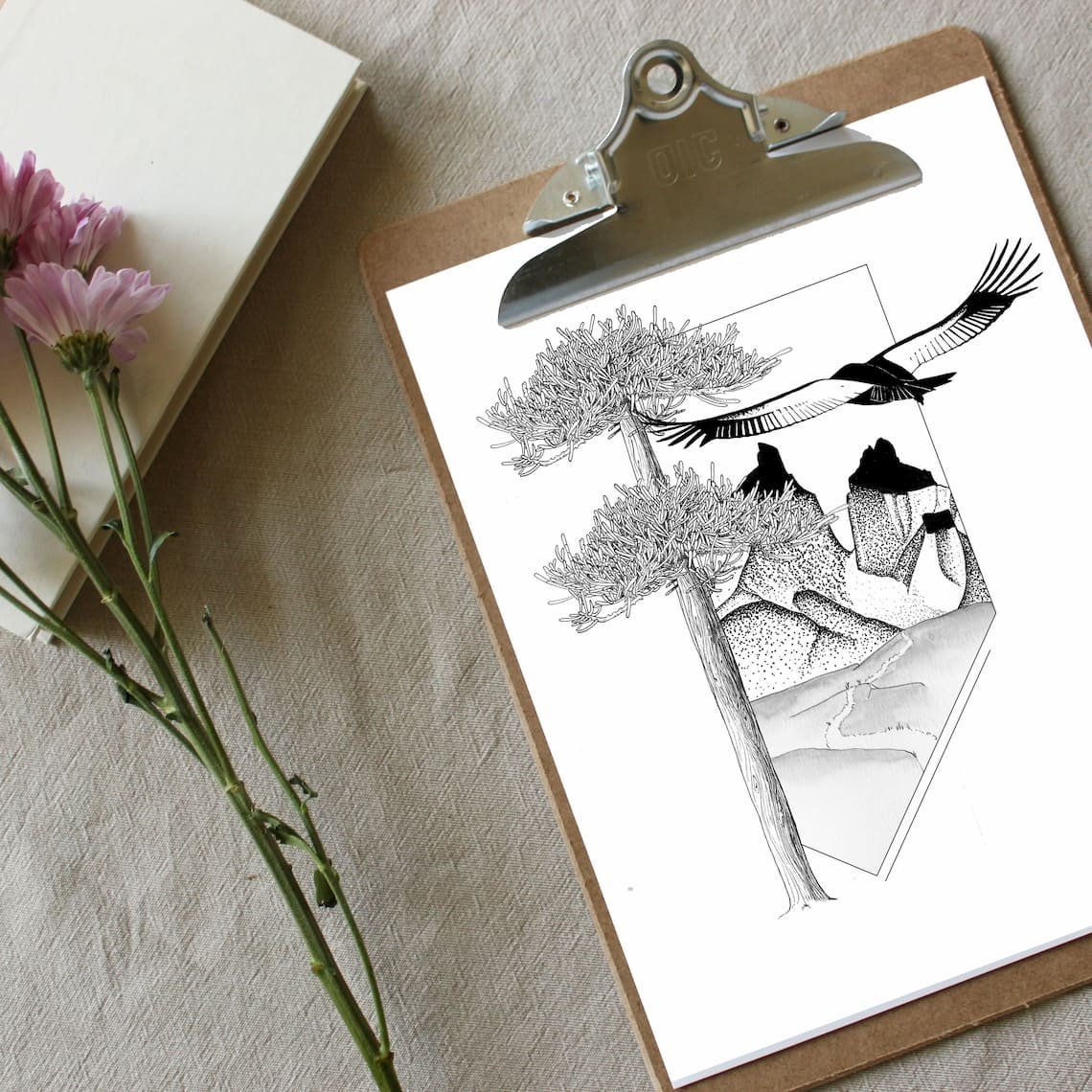 Illustration Montagnes de Patagonie. Dessin en Noir et Blanc Du Torres Del Paine Au Chili avec Condo