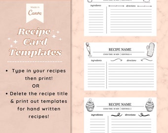 Three Editable Recipe Card Templates, Printable Recipe Card Templates, Recipe Cards, Canva Recipe Cards