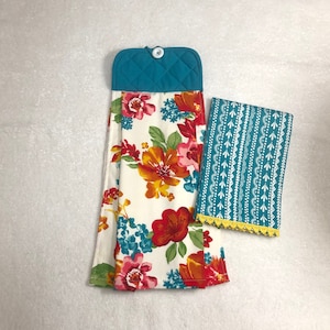 Farmhouse Hanging Kitchen Towel Double Layer Blue with  Sewn on Red Pot Holder Top