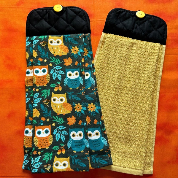 Owls and Leaves Hanging Kitchen Towels, Double-sided Hand Towels, Black Potholder Tops with Yellow Buttons, Great Fall Gift