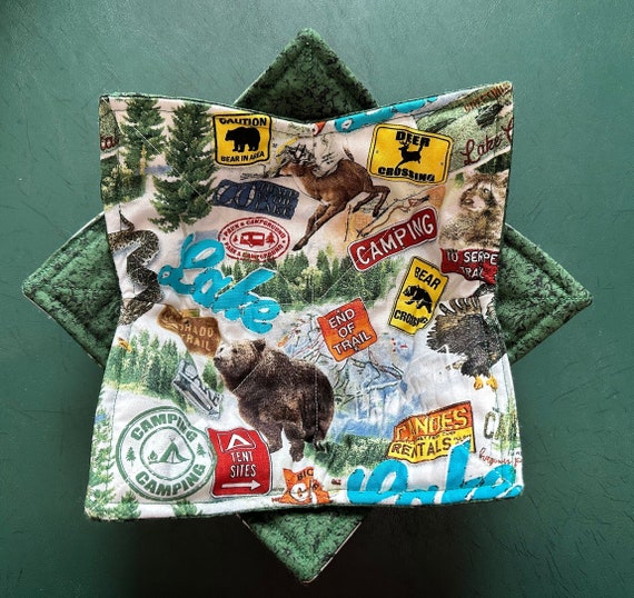 Outdoors Microwave Bowl Cozy, Camping Bears Deer, Reversible Hot Cold Bowl Holder