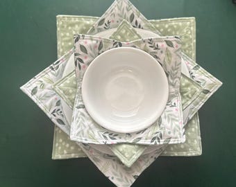 Sage Green Microwave Bowl Cozy, Plate Cozy, Reversible Hot Cold Bowl n Plate Holder