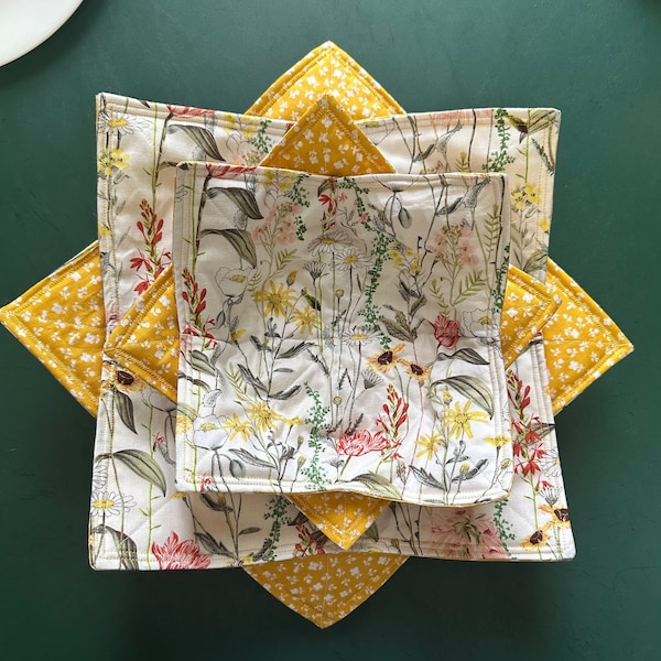 Wildflowers Microwave Bowl Cozy, Plate Cozy, Reversible, Vintage Floral, Daisies, Sunflowers, Farmhouse Decor,