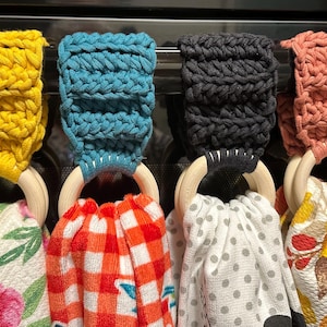Crochet Towel Holder, Hanging Kitchen Towel Holder with Wood Rings, Dish Towel Hanger, Housewarming Gift