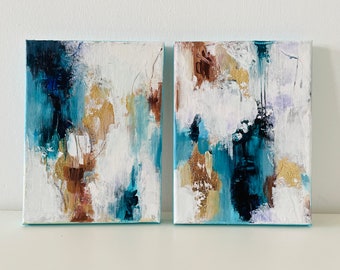 2 piece abstract painting Small art Gold foil Acrylic painting Gallery wall decor abstract landscape Mini acrylic painting Blue gold art