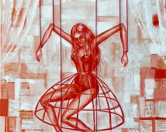 Woman painting Puppet Woman in role of Doll art Theatre actress Oil on canvas artwork Red white color Body positive Feminism Surrealism