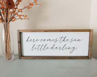 Here comes the sun little darling framed wood sign | Nursery wall art | kids room home decoration | above the bed wall decor