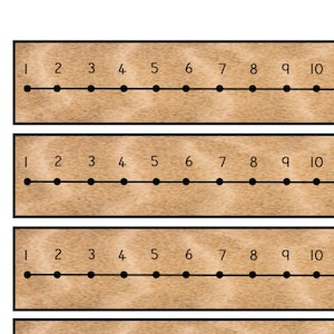 Könnte beinhalten: Vier braune Papier-Zahlengeraden mit schwarzen Zahlen und schwarzen Punkten, die jede Zahl von 1 bis 20 markieren.