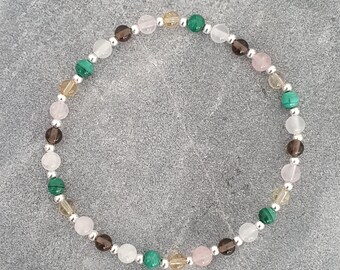Pulsera de apoyo y positividad / Malaquita, cuarzo ahumado, cuarzo rosa, citrino, selenita / Pulsera elástica de plata y piedra