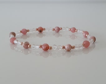 Pulsera elástica de cuarzo y rodocrosita / Plata de ley 925 chapada en oro rosa / Nuevo amor, paz interior / Piedra preciosa natural / Pulsera elástica