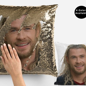 Chris hemsworth sequin pillow, chris hemsworth cushion home decor, celebrity pillow case, handsome christ flip sequin pillow case gift idea