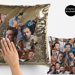 Chris evans and sebastian stan collage sequin pillow cover, celebrity sequin pillow case, chris evans sebastian pillowcase, pillow cushion