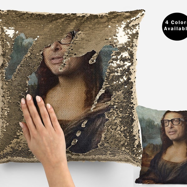 Jeff goldblum mona lisa sequin pillow case, celebrity pillow cushions, jeff goldblum meme flip sequin pillowcase, funny jeff goldblum gift