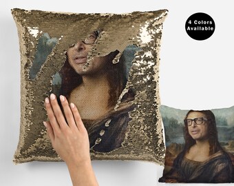 Jeff Goldblum Mona Lisa Sequin Pillow Case, Funny Celebrity Pillow Case, Jeff Goldblum Meme Flip Sequin Pillowcase, Funny Jeff Goldblum Gift