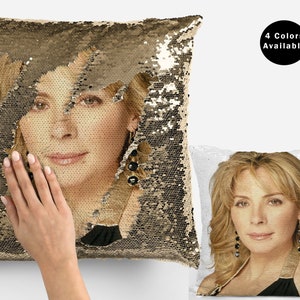 Kim cattrall sequin pillow cover, celebrity pillow case, kim cattrall flip sequin pillowcase gift, pillow gift idea