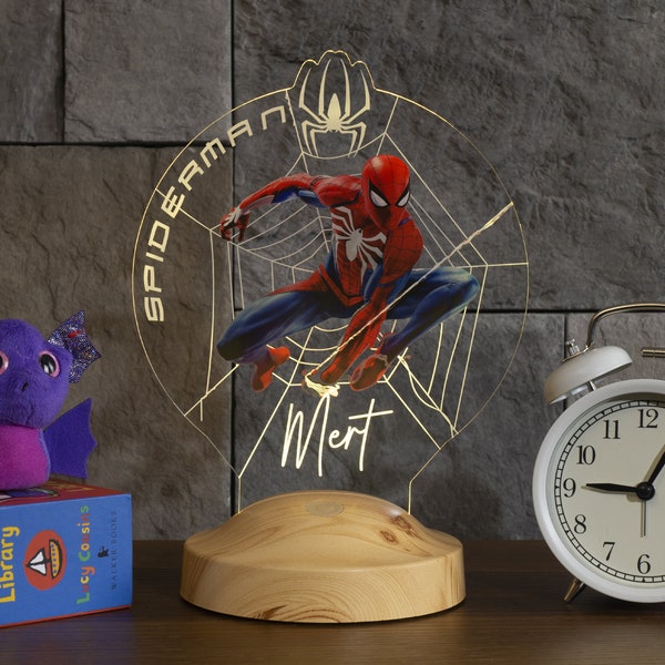 Luce notturna personalizzata Spider Man | Lampada da comodino per bambini personalizzata | Decorazione della stanza dei bambini | Regalo per bambini, fan di Spiderman