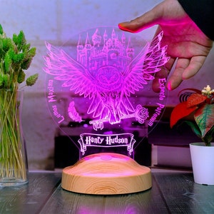 Peut inclure: Une veilleuse imprim&eacute;e en 3D rose et blanche avec un motif de hibou aux ailes d&eacute;ploy&eacute;es, un ch&acirc;teau et une cl&eacute;. La veilleuse a une base en bois et le texte "Lumos Maxima", "Expecto Patronum" et "Hony Hudson" dessus.