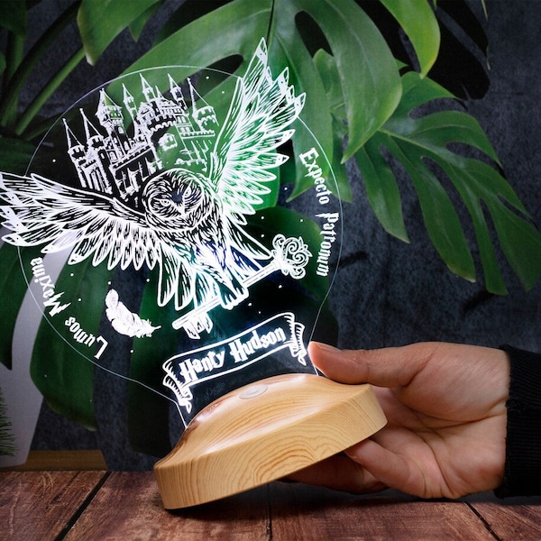Lampe Hedwig personnalisée | Lampe LED 3D Harry Potter | Cadeau de fan | Veilleuse magique avec gravure, cadeau pour Potterheads, fans HP