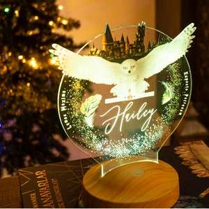 Könnte beinhalten: Personalisiertes Nachtlicht mit einer weißen Eule mit ausgebreiteten Flügeln, der Hogwarts-Burg und dem Namen "Hailey". Das runde Acryllicht hat Glitzerakzente und steht auf einem Holzsockel. Der Text "Expecto Patronum" ist sichtbar.