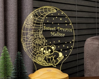 The Man in the Moon with Teddy Personalized Gift for Children 3D Night Light Lamp with Name Birthday Gift Christening Gift 7 Color